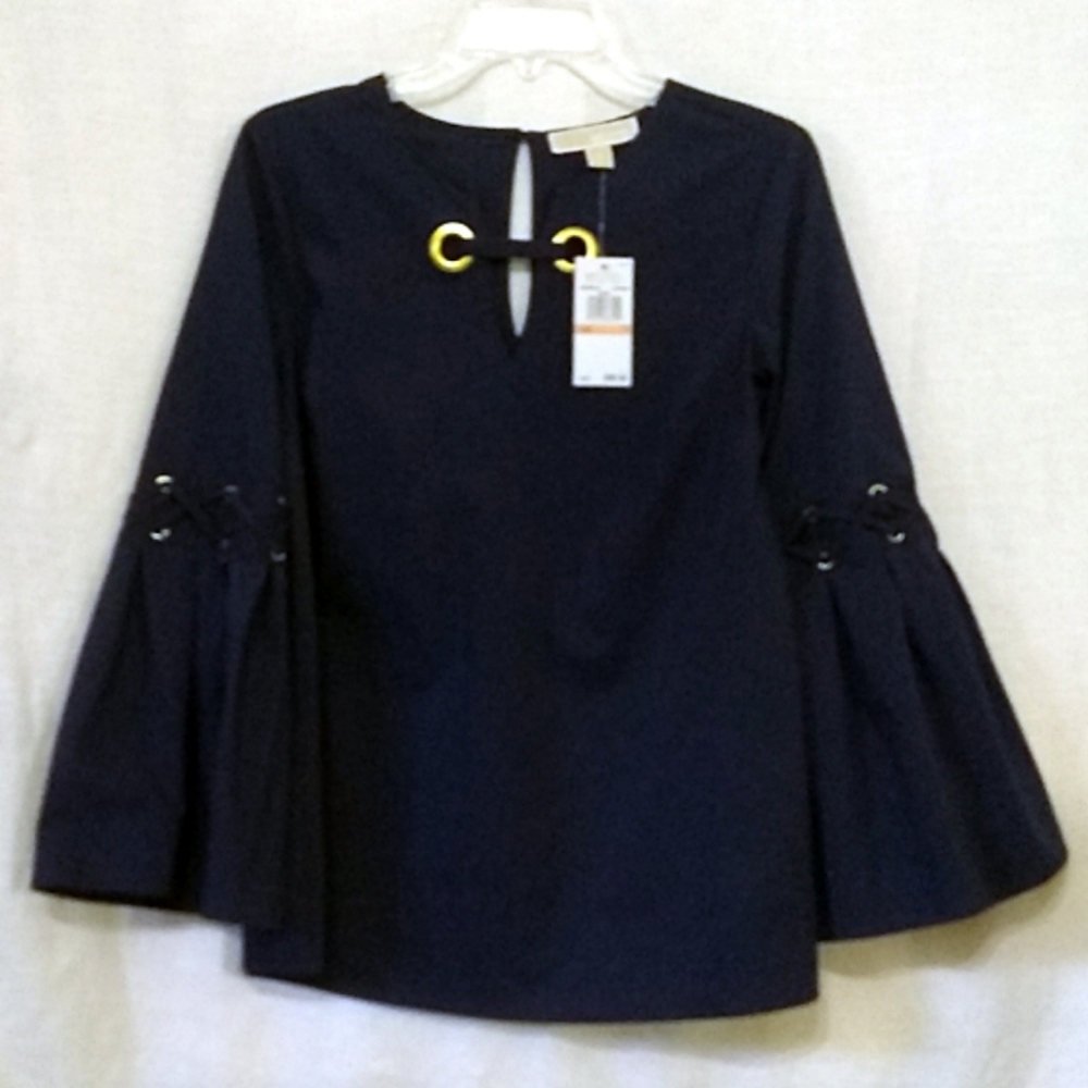 NWT Michael Kors Bell Sleeve Cotton Top Shirt Goldtone Accents S